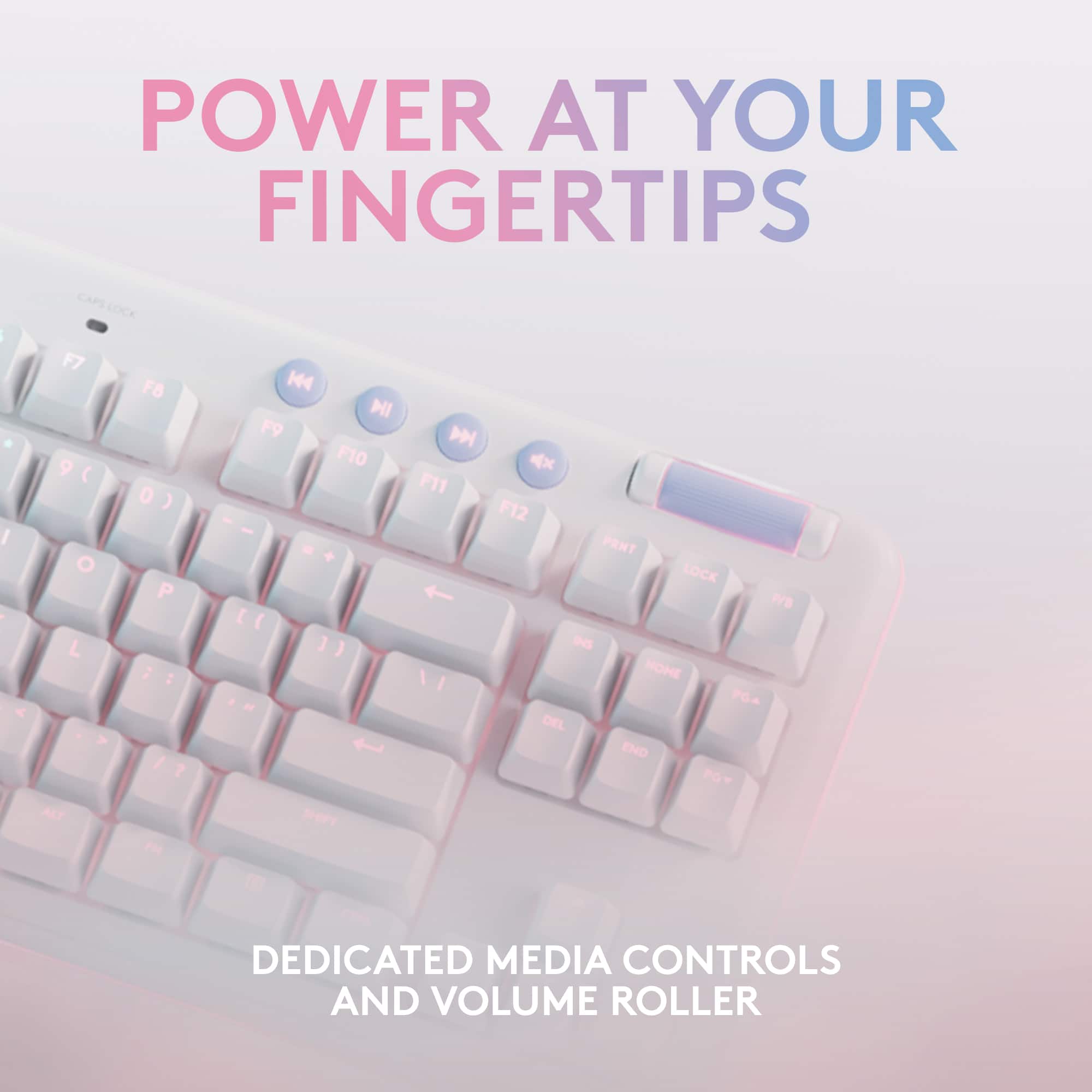 Power at Your Fingertips: Caps Lock, F7, F8, K44, HI, F9, D, 9, F10, F11, 0, -, F12, PRINT, O, LOCK, INS, HOME, END, PGUP, PGDOWN, DEL, END, SHIFT, ALT, SHIFT, TAB, DEDICATED MEDIA CONTROLS AND VOLUME ROLLER