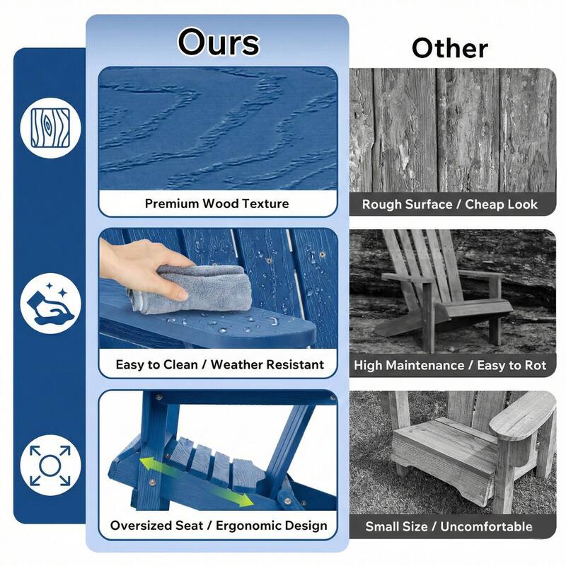 Ours
- Premium Wood Texture
- Easy to Clean / Weather Resistant
- Oversized Seat / Ergonomic Design

Other
- Rough Surface / Cheap Look
- High Maintenance / Easy to Rot
- Small Size / Uncomfortable