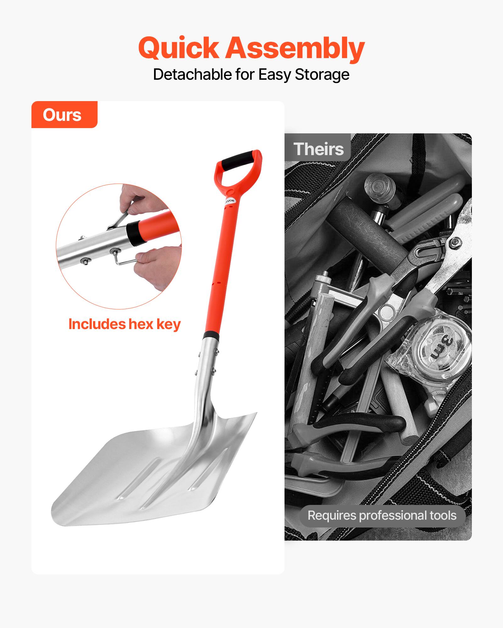 Quick Assembly  
Detachable for Easy Storage  

Ours  
Includes hex key  

Theirs  
Requires professional tools