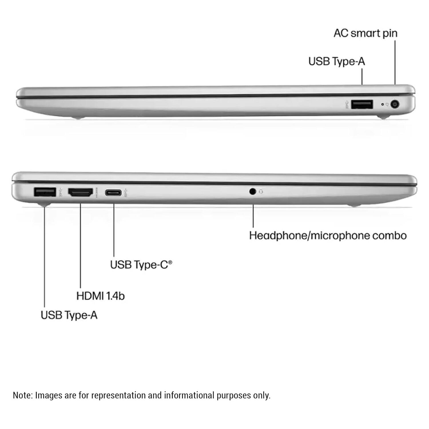 AC smart pin  
USB Type-A  
Headphone/microphone combo  
USB Type-C®  
HDMI 1.4b  
USB Type-A  

Note: Images are for representation and informational purposes only.