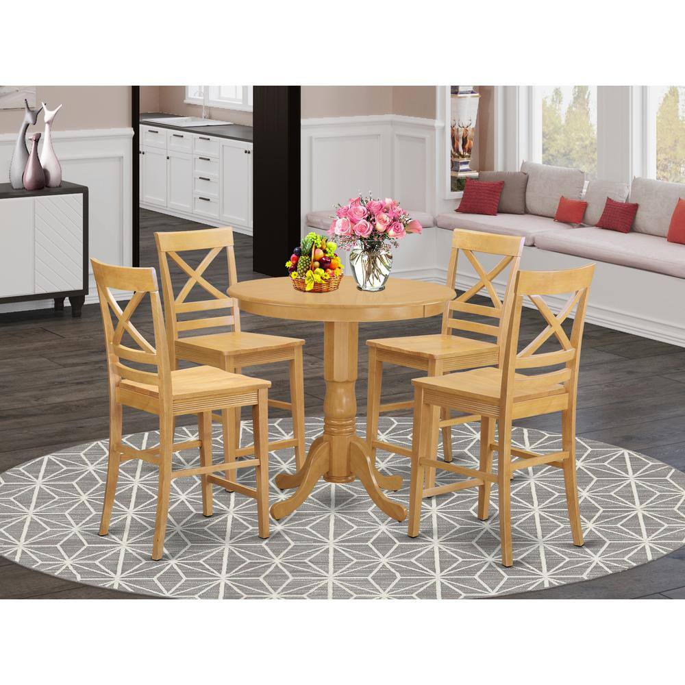 Back. East West Furniture - 5 Pc counter height set - Dining Table and 4 bar stools. - Oak.