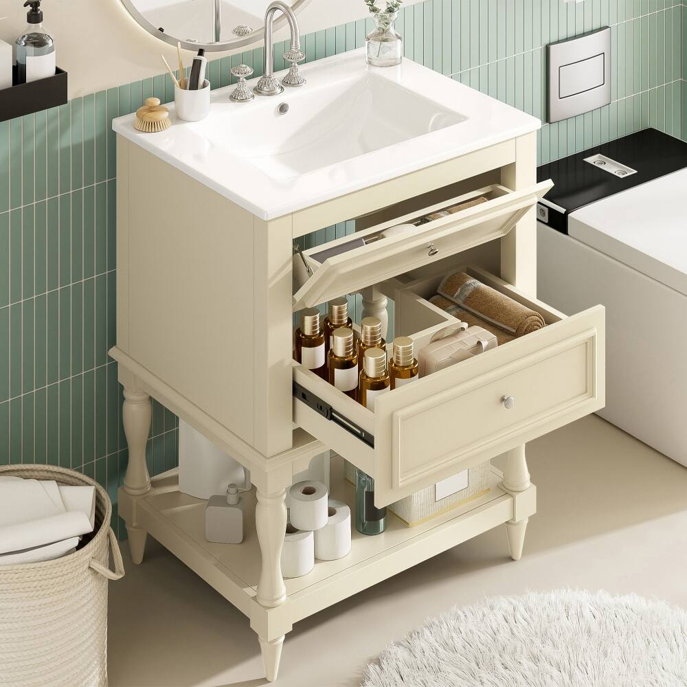 Angle. Loheer - Loheer 24 inch bathroom vanity with ceramic sink, Beige Retro Cabinet with Open Shelf - Beige.