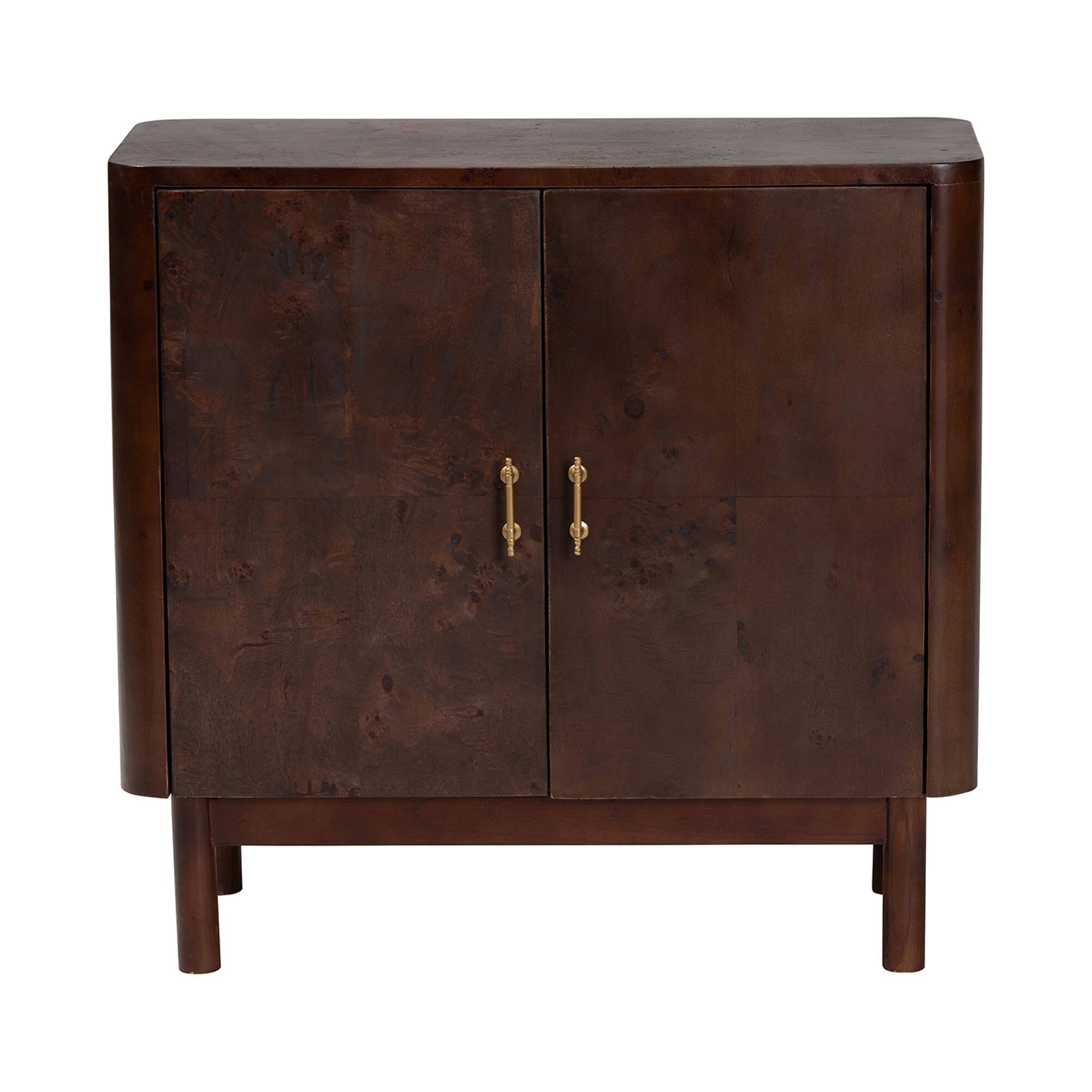 Left. bali & pari - Latika Real Burl Wood Storage Cabinet - Modern Accent Cupboard with Double Doors and Brass Handles, Elegant Sideboard - Dark Walnut.