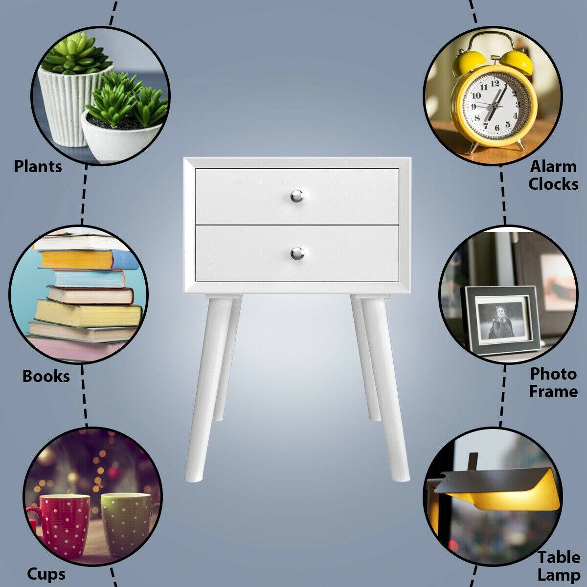 Plants, Alarm Clocks, Books, Photo Frame, Cups, Table Lamp