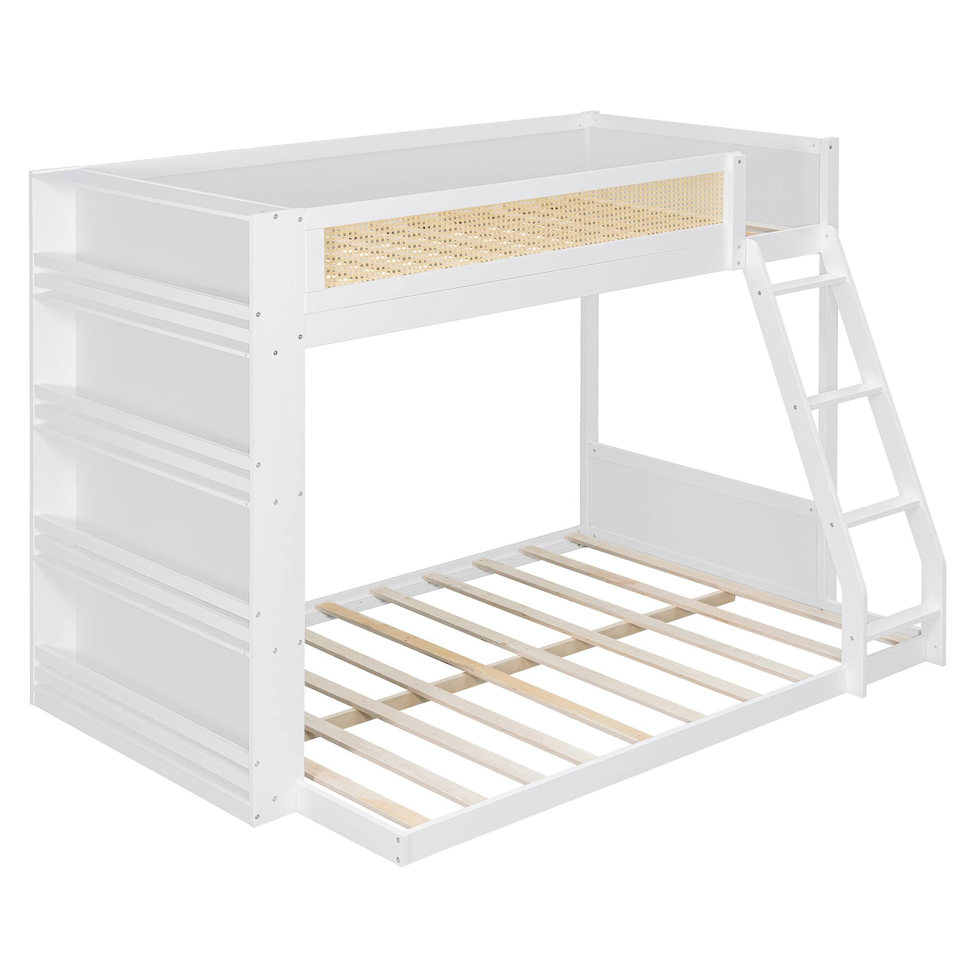 Alt View 2. Whisen - Twin over Full Bunk Bed with Integrated Bookshelf,LED Lighting and Rattan-Style Guardrails - White.