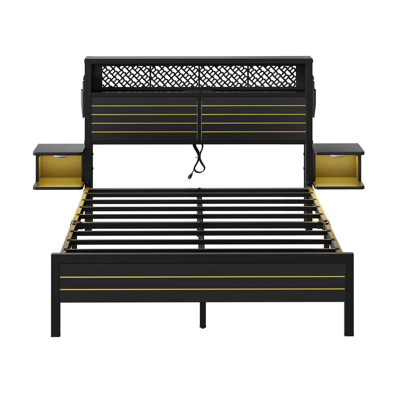 Angle. Bestier - Bestier Full Bed Frame Golden Stripe Headboard LED Nightstands Metal Platform with Charging Station No Box Spring - Black.