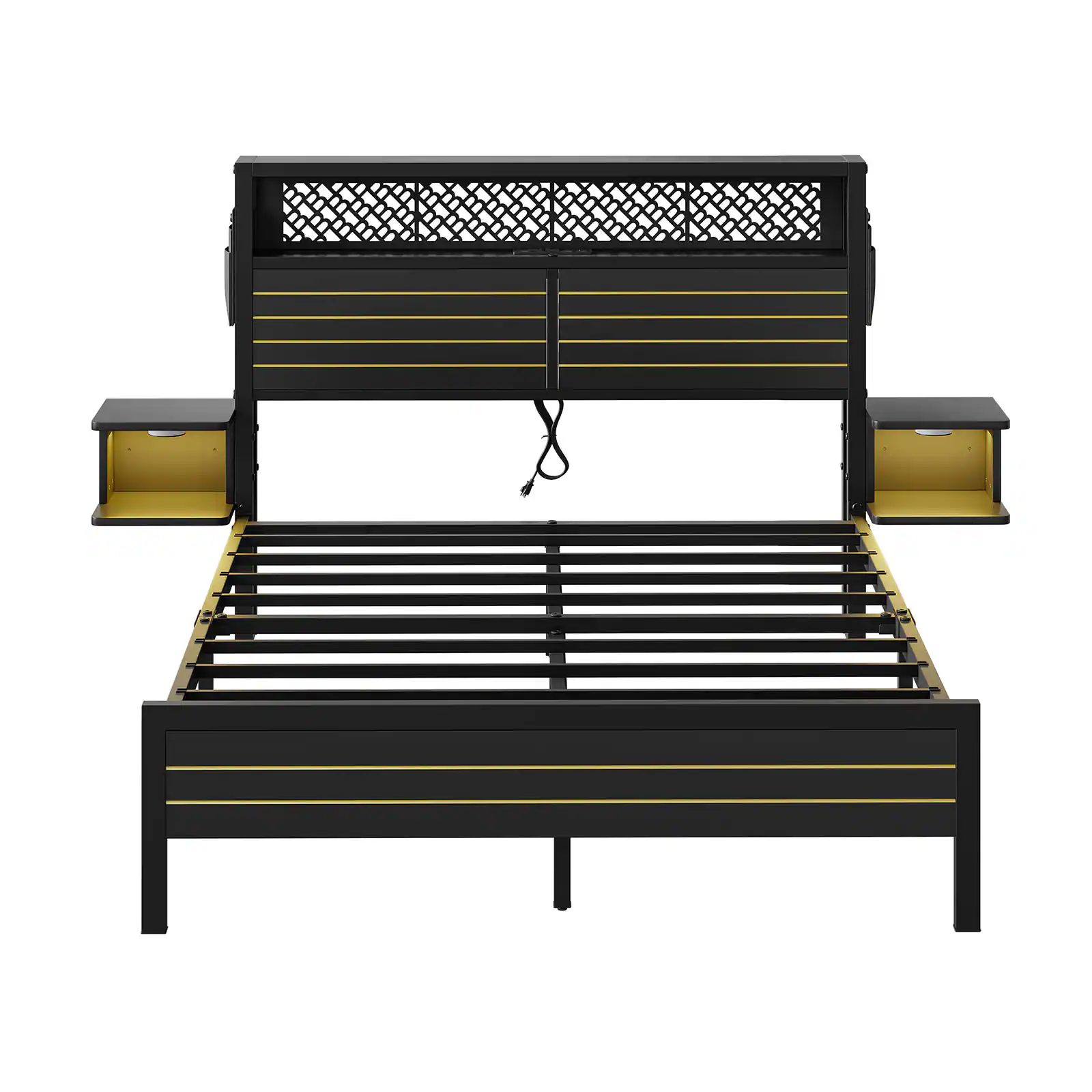 Angle. Bestier - Bestier Full Bed Frame Golden Stripe Headboard LED Nightstands Metal Platform with Charging Station No Box Spring - Black.