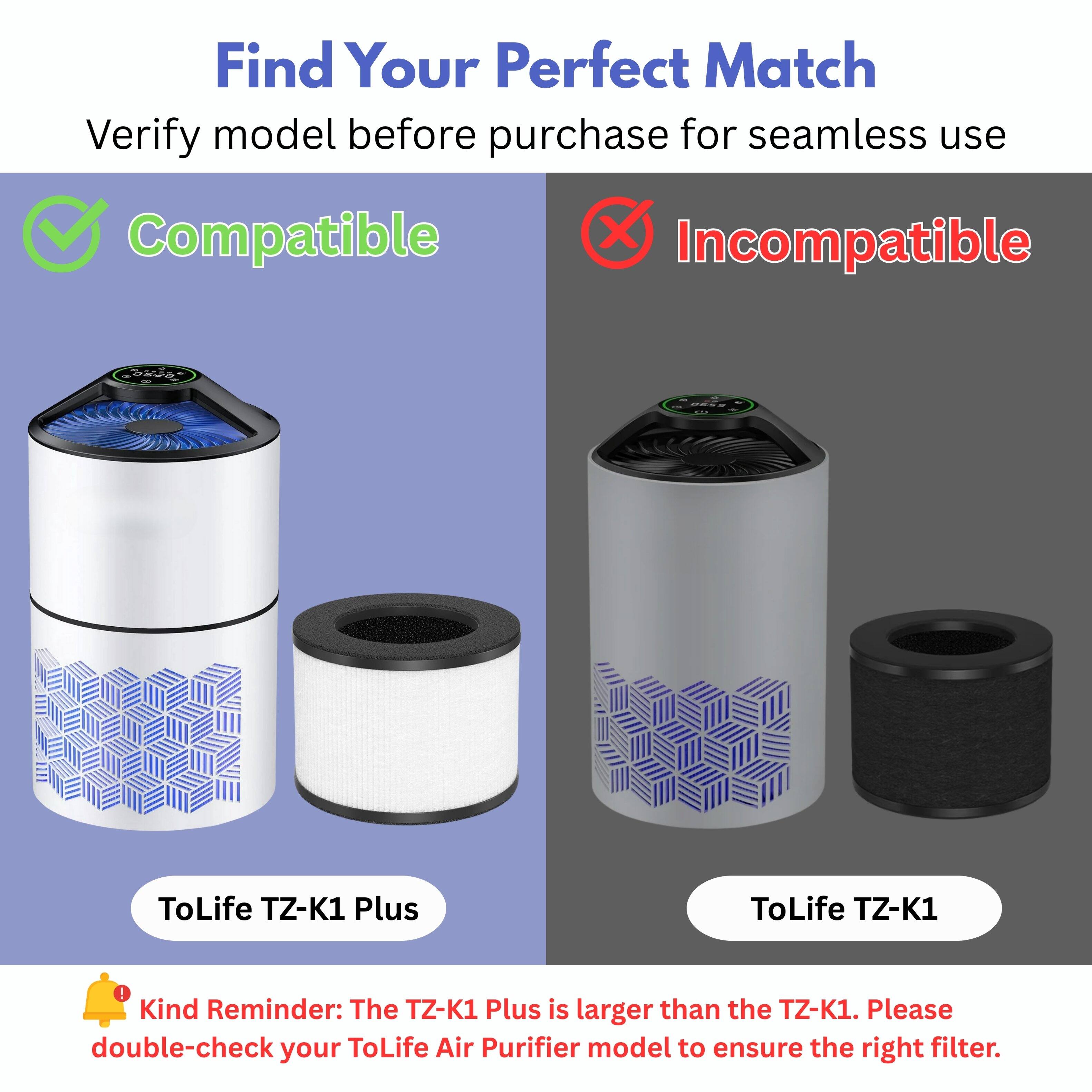Find Your Perfect Match  
Verify model before purchase for seamless use  

✅ Compatible  
ToLife TZ-K1 Plus  

❌ Incompatible  
ToLife TZ-K1  

Kind Reminder: The TZ-K1 Plus is larger than the TZ-K1. Please double-check your ToLife Air Purifier model to ensure the right filter.