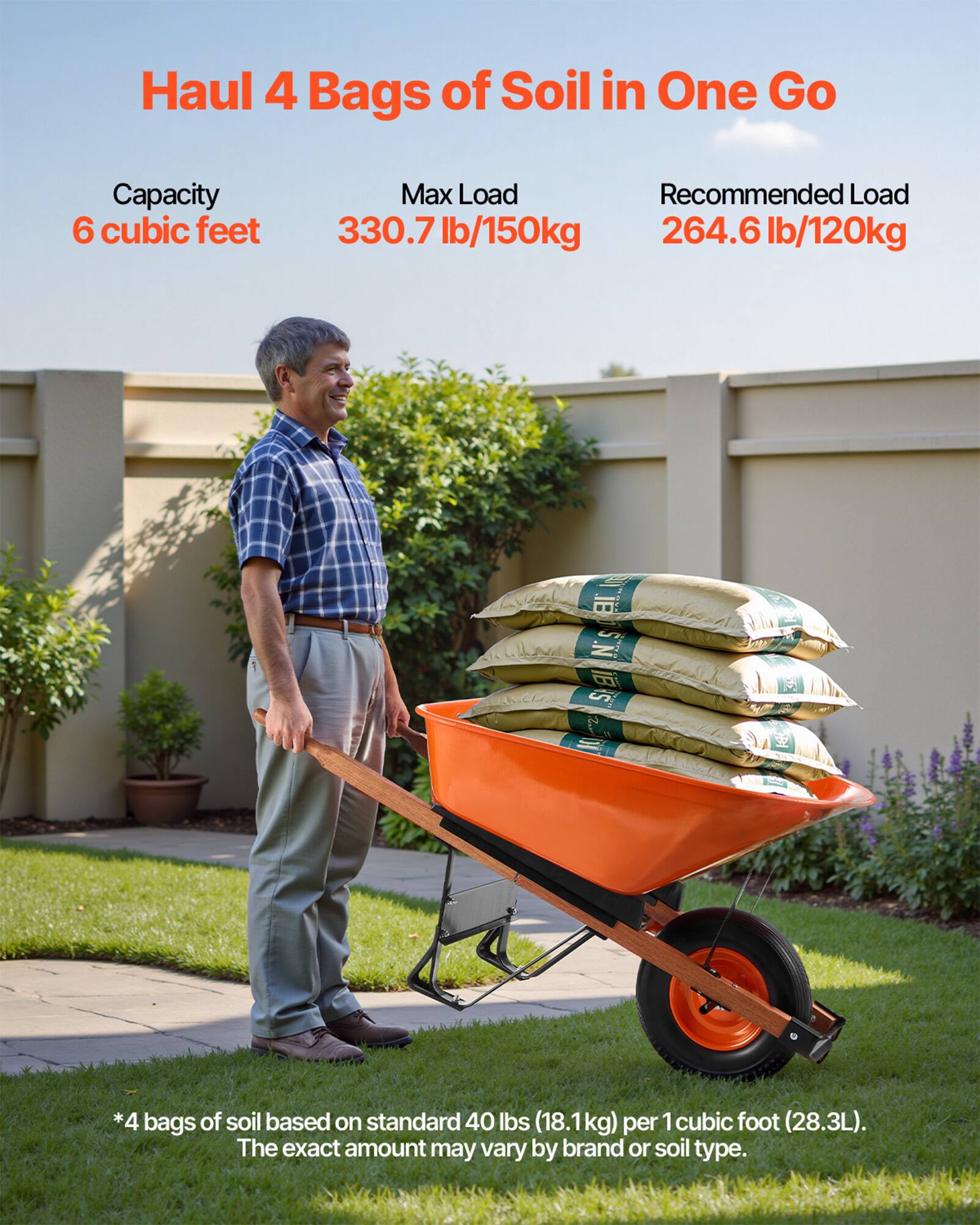 Haul 4 Bags of Soil in One Go

Capacity: 6 cubic feet

Max Load: 330.7 lb/150kg

Recommended Load: 264.6 lb/120kg

*4 bags of soil based on standard 40 lbs (18.1kg) per 1 cubic foot (28.3L). The exact amount may vary by brand or soil type.