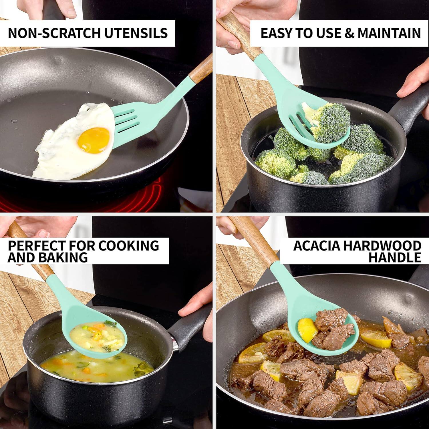 - NON-SCRATCH UTENSILS
- EASY TO USE & MAINTAIN
- PERFECT FOR COOKING AND BAKING
- ACACIA HARDWOOD HANDLE