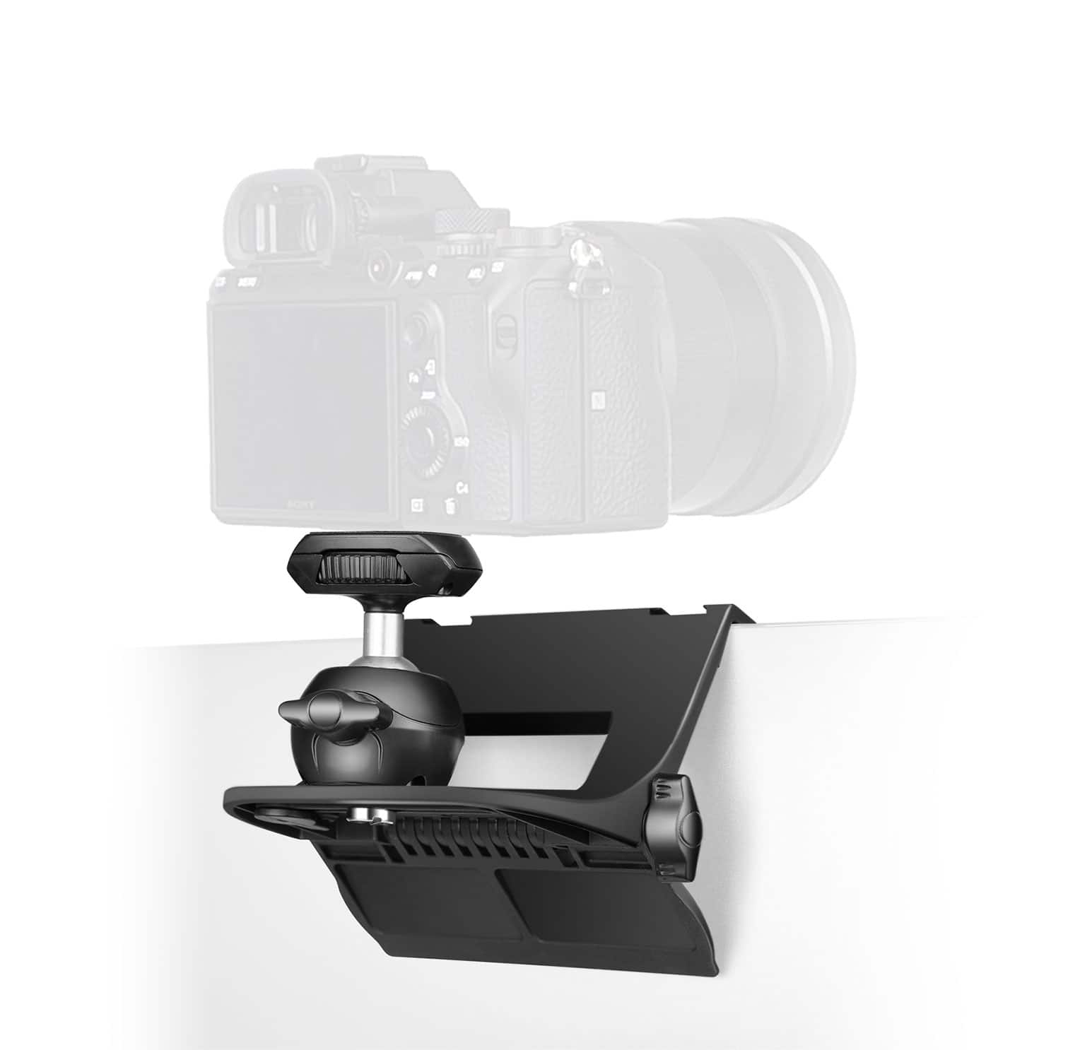 Front. RAUBAY - Monitor Top Camera Mount CM01 Suitable for Flat-Screen Monitors, for Live Stream, Video meeting, YouTube, TikTok, etc. - black and silver.