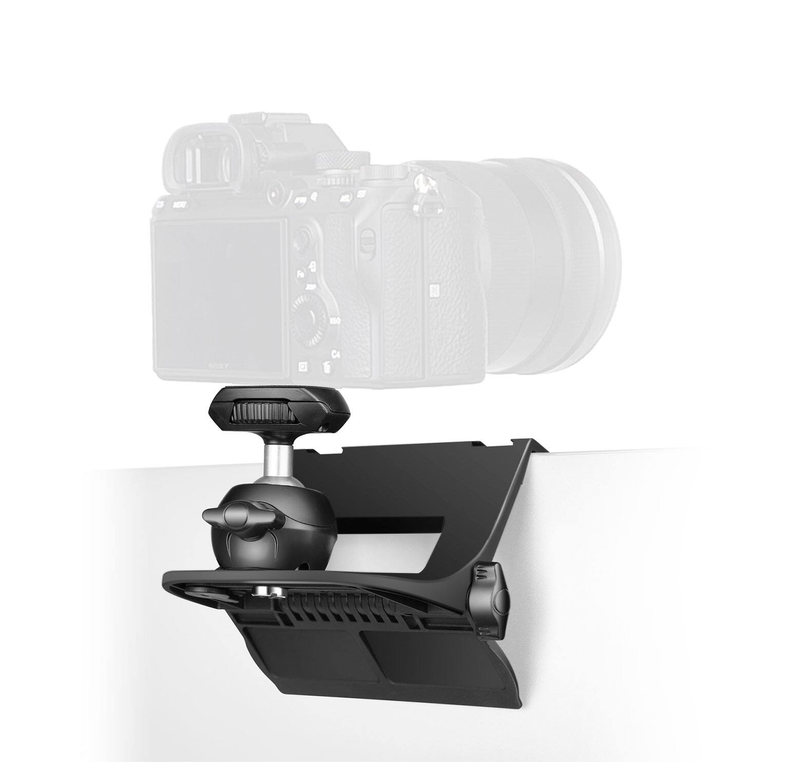 Front. RAUBAY - Monitor Top Camera Mount CM01 Suitable for Flat-Screen Monitors, for Live Stream, Video meeting, YouTube, TikTok, etc. - black and silver.