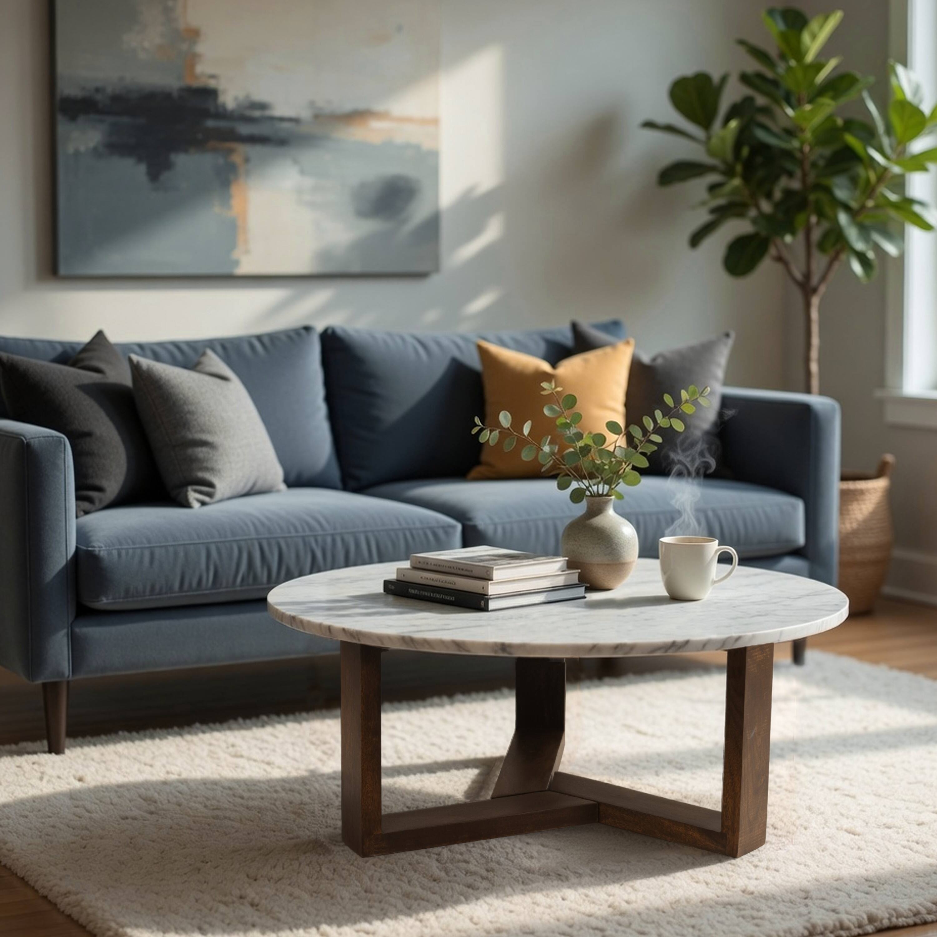 Alt View 10. Manhattan Lane - Fina 38 Inch Round Coffee Table, White Genuine Marble Top, Natural Brown Mango Wood 3 Leg Sled Base - White, Natural Brown.