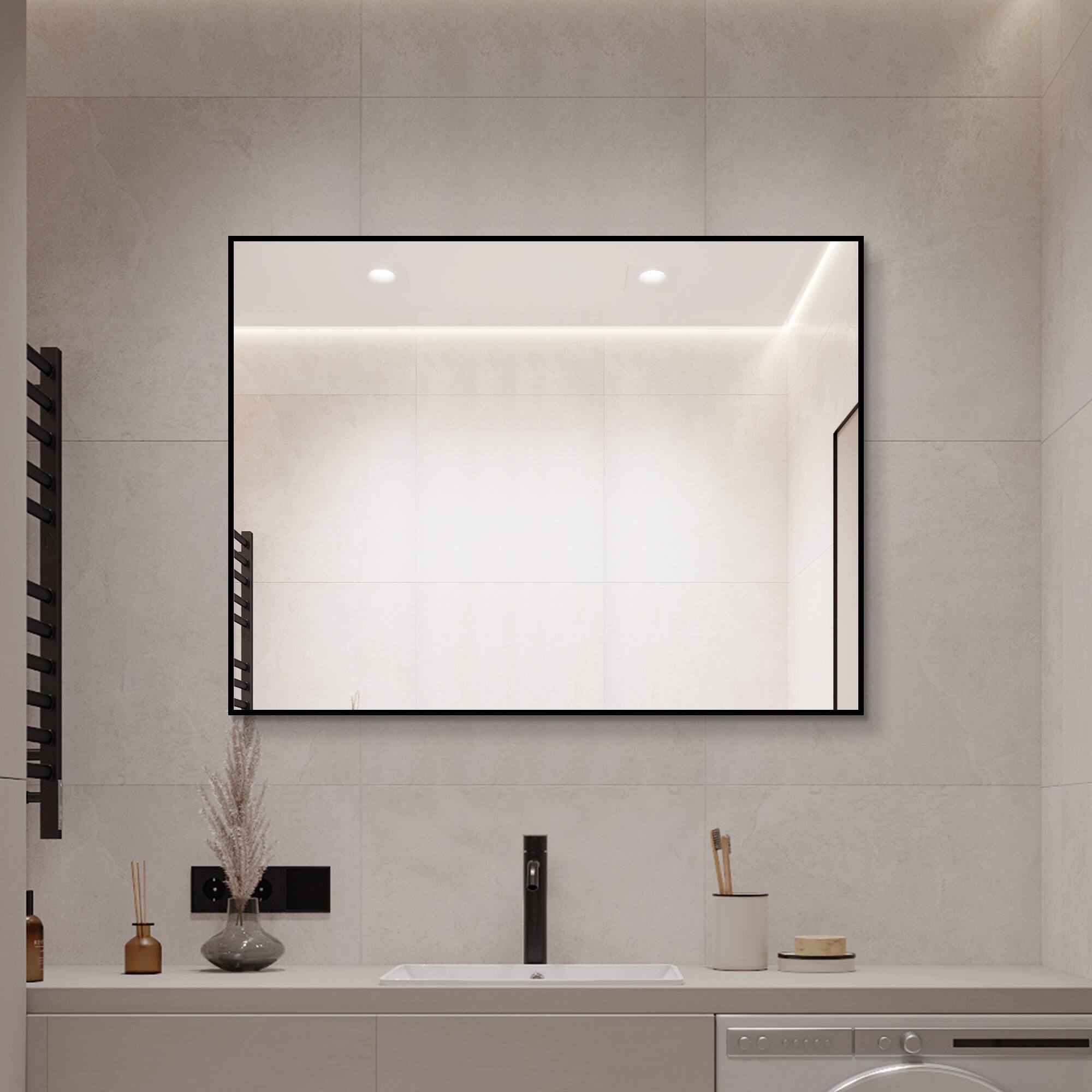 Left. Boyel Living - 24 in x 32 in Framed Rectangular Bathroom Vanity Mirror for Wall Mounting - Black.