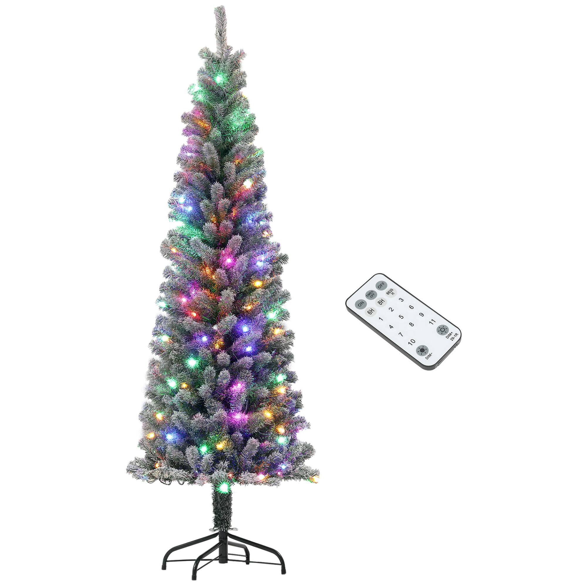 Front. Homcom - Pre-Lit Pencil Christmas Tree, 170 Dual LED Lights 429 Tips Snow Flocked - Green.