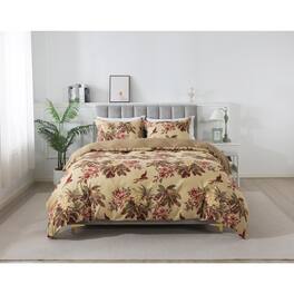Earthley Blooms - Floral Duvet Cover Set 3pcs Reversible Patternsolid Design Bedding 1 With Zipper Closure 8 Ties And 2 - Red Ochre-King