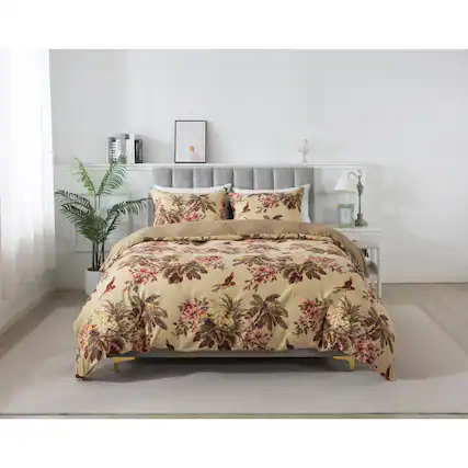 Front. Earthley Blooms - Floral Duvet Cover Set 3pcs Reversible Patternsolid Design Bedding 1 With Zipper Closure 8 Ties And 2 - Red Ochre-King.