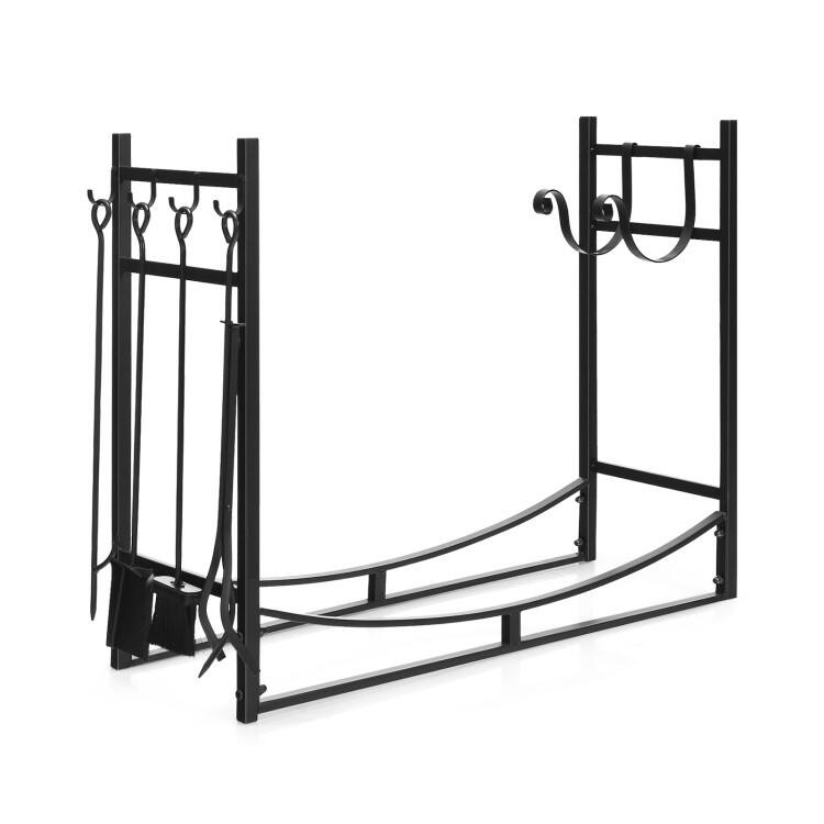 Angle. Mondawe - 36 Inch Firewood Rack with 4 Tool Set Kindling Holders - Black.