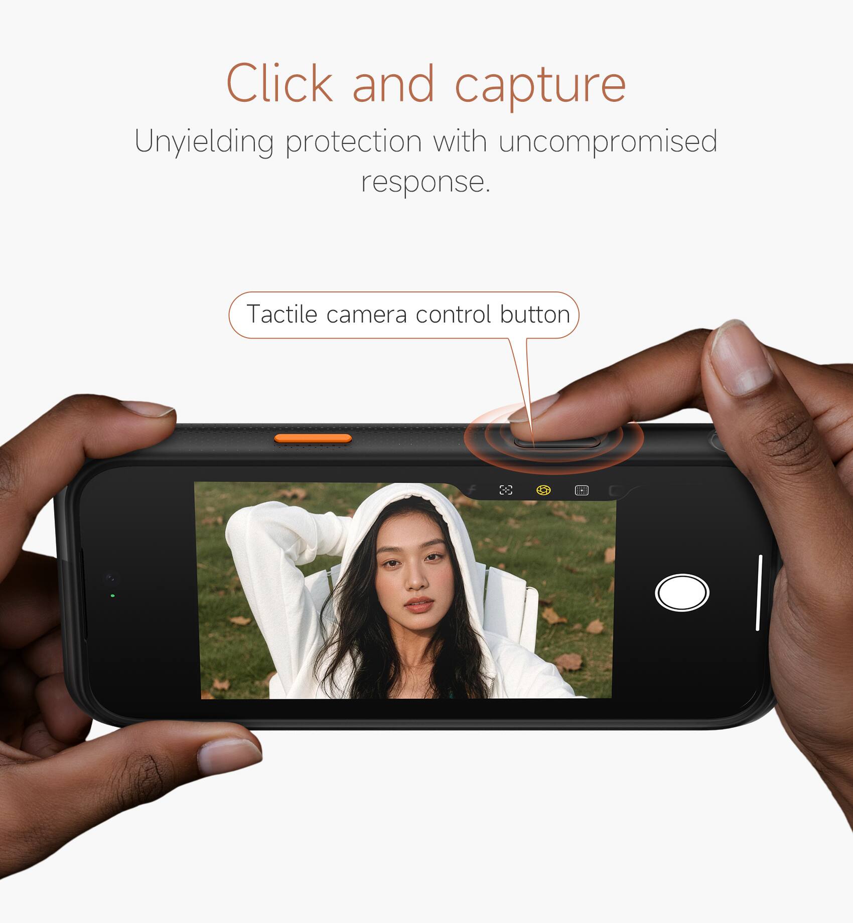 Click and capture  
Unyielding protection with uncompromised response.  
Tactile camera control button