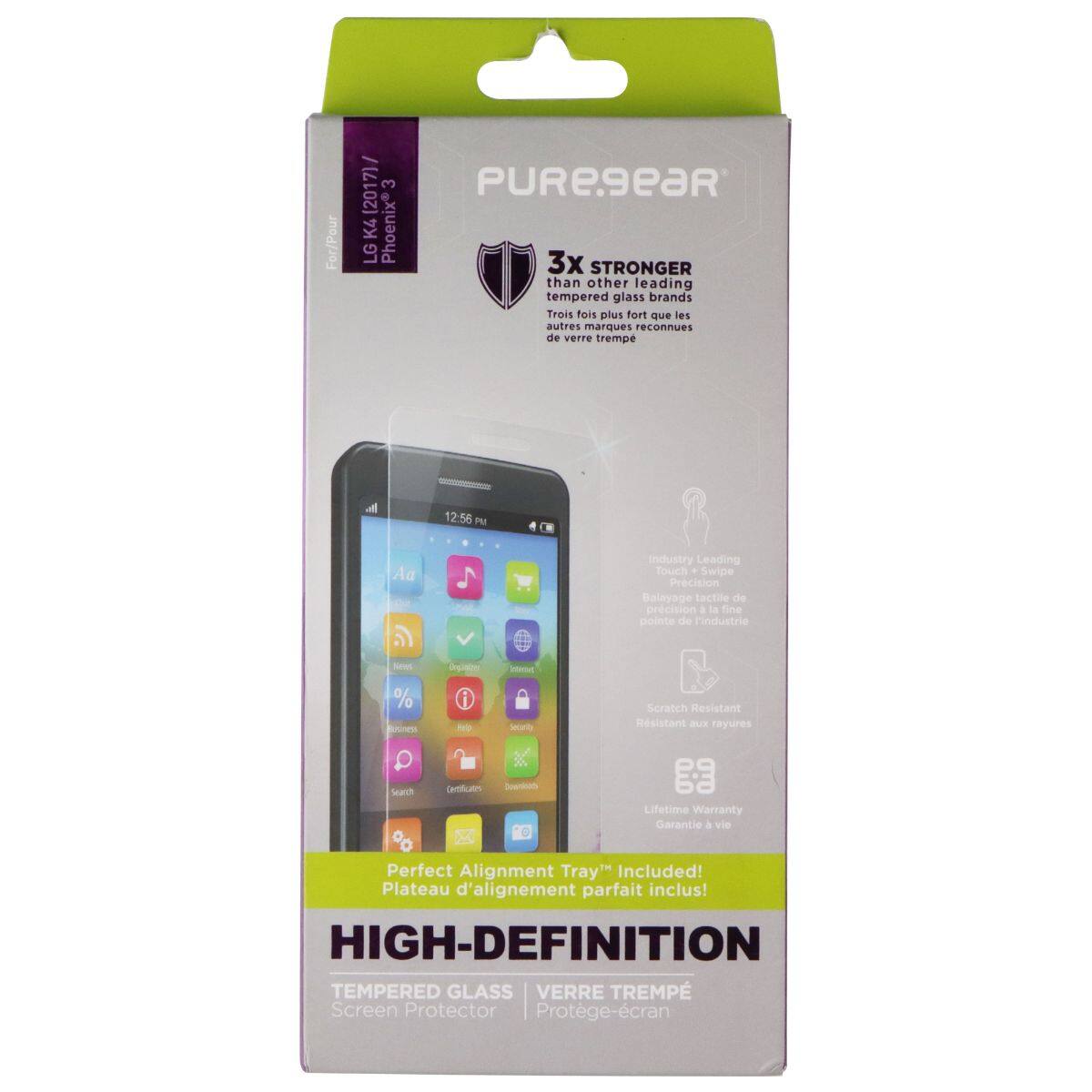 For/Pour (2017) / 3 K4 Phoenix LG PUREgeaR 3x STRONGER than other leading tempered glass brands  
Trois fois plus fort que les autres marques reconnues de verre trempé  
Industry Leading Touch - Swipe Precision  
Balayage tactile de précision 4 la fine pointe de l'industrie  
Scratch Resistant  
Résistant aux rayures  
Lifetime Warranty  
Garantie à vie  
Perfect Alignment Tray Included!  
Plateau d'alignement parfait inclus!  
HIGH-DEFINITION TEMPERED GLASS  
VERRE TREMPÉ Screen Protector