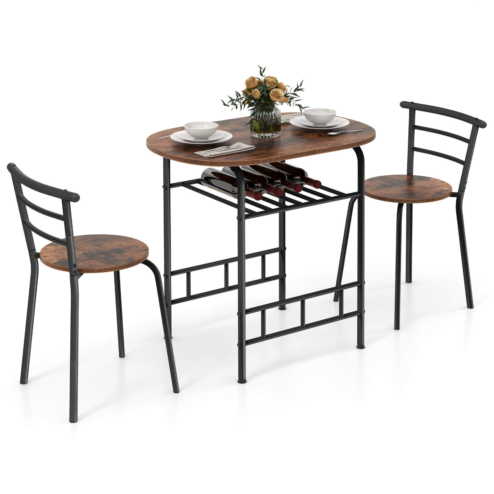 Front. Costway - 3 Pcs Dining Set Table And 2 Chairs Compact Bistro Pub Breakfast Home Kitchen - Black and Brown.