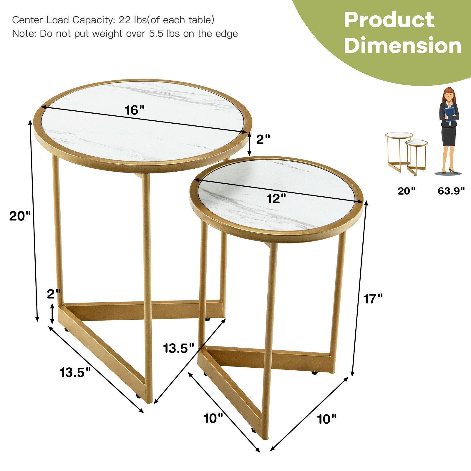 Center Load Capacity: 22 lbs(of each table) Note: Do not put weight over 5.5 lbs on the edge

Product Dimension: 16" 2" 20" 12" 20" 63.9" 2 17" 13.5" 13.5" 10" 10"