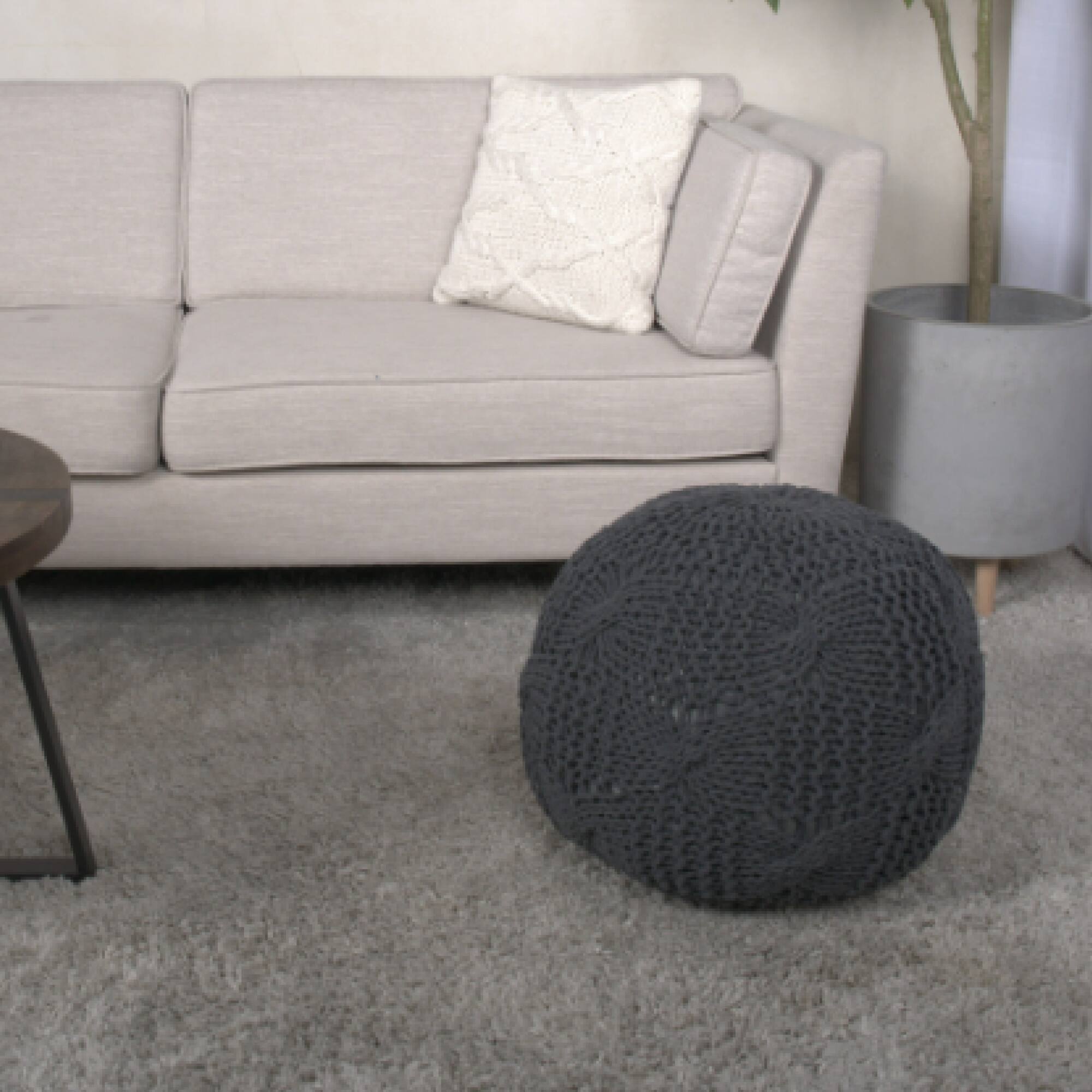 Front. GOODSILO - Handcrafted Knitted Cotton Round Pouf Ottoman and Floor Cushion in Neutral Beige - Dark Gray.