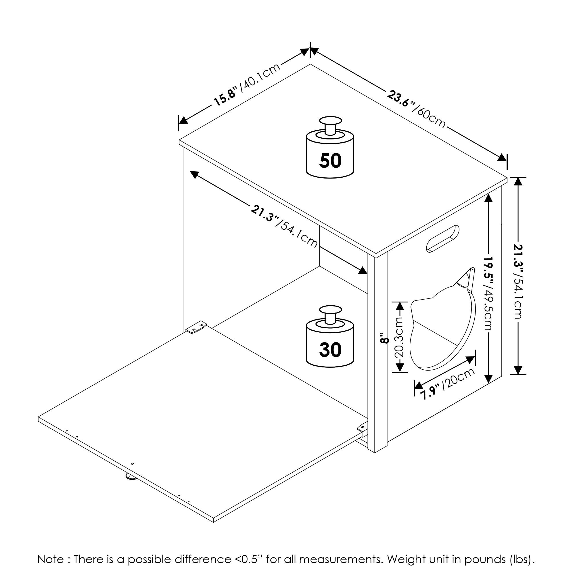 15.8" / 40.1cm  
23.6" / 60cm  
21.3" / 54.1cm  
19.5" / 49.5cm  
8" / 20.3cm  
7.9" / 20cm  
20.3cm  
21.3" / 54.1cm  
Note: There is a possible difference <0.5" for all measurements. Weight unit in pounds (lbs).