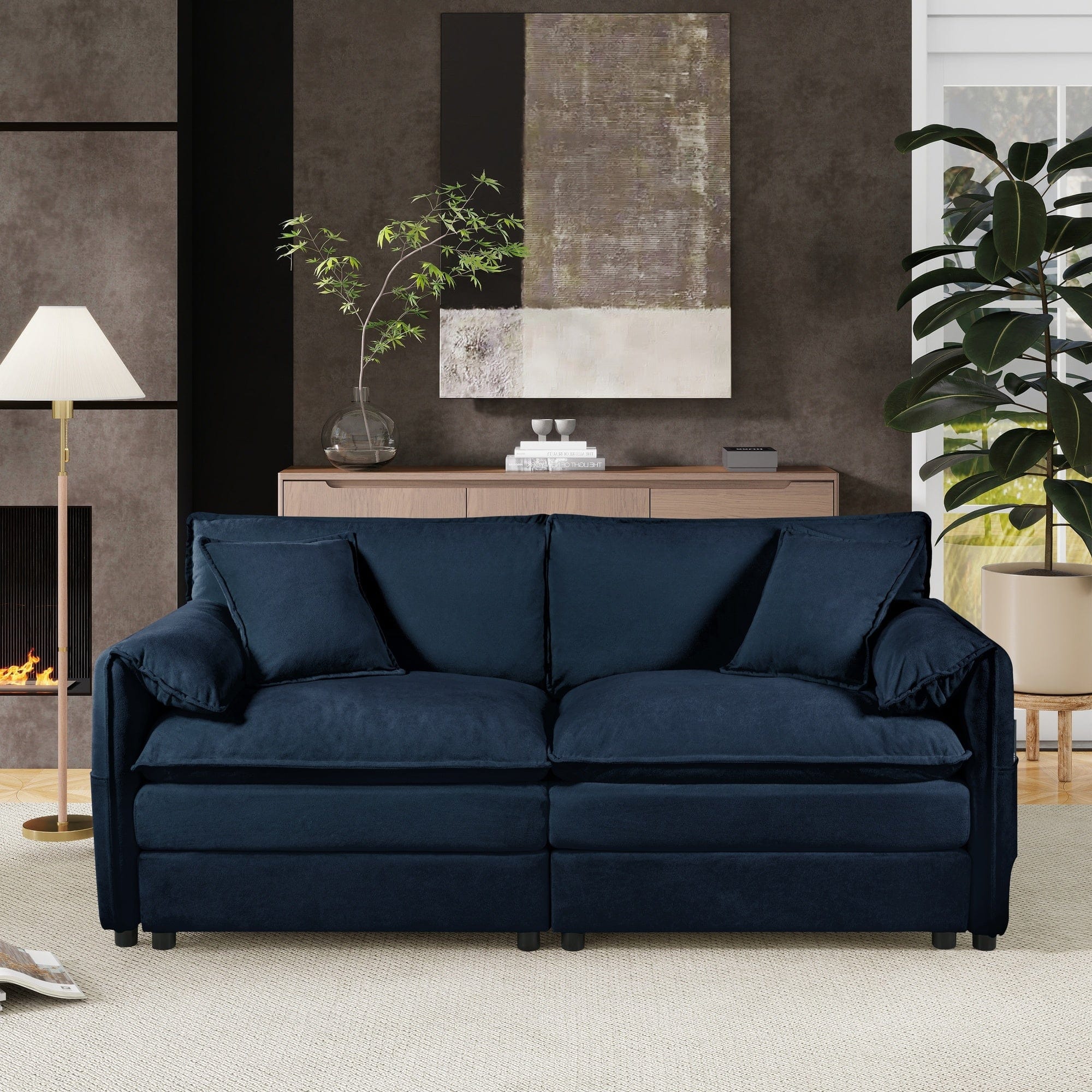 Boyel Living - Modern Minimalist Blue Chenille Sofa with Side Storage Pockets 2-Seat - Blue