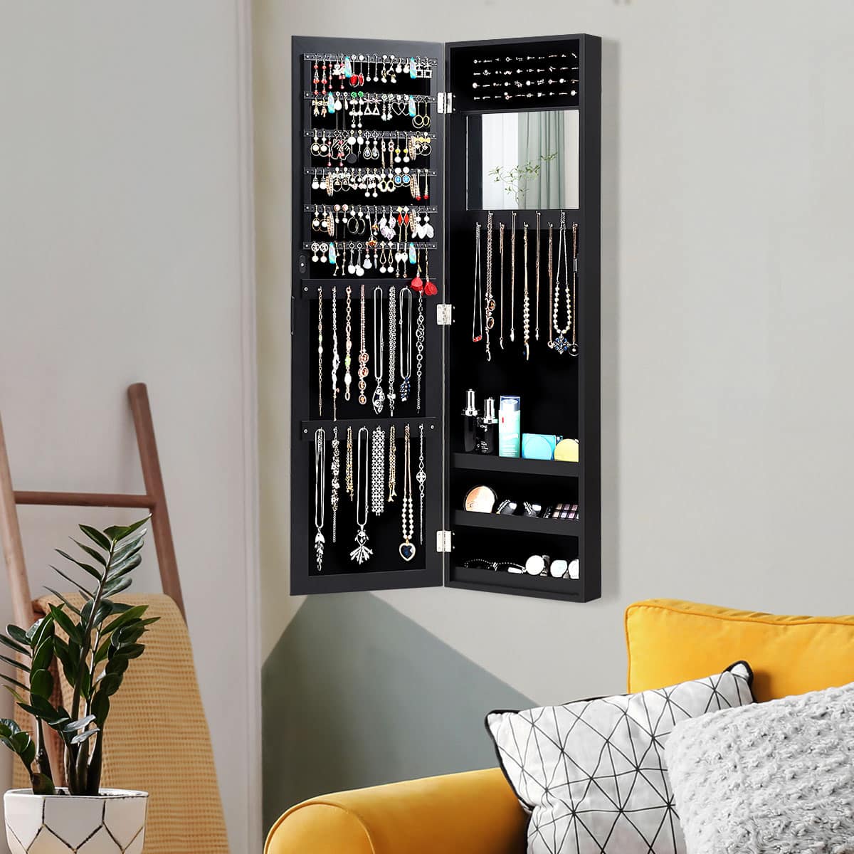 Angle. Costway - Wall Door Mounted Mirrored Jewelry Cabinet Storage Organizer-Black - Black.