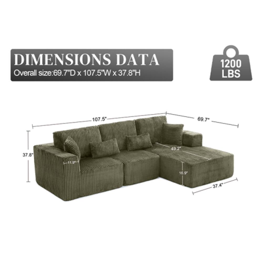 DIMENSIONS DATA  
Overall size: 69.7"D x 107.5"W x 37.8"H  
1200 LBS  

- 107.5"  
- 69.7"  
- 37.8"  
- 49.2"  
- 16.9"  
- 37.4"