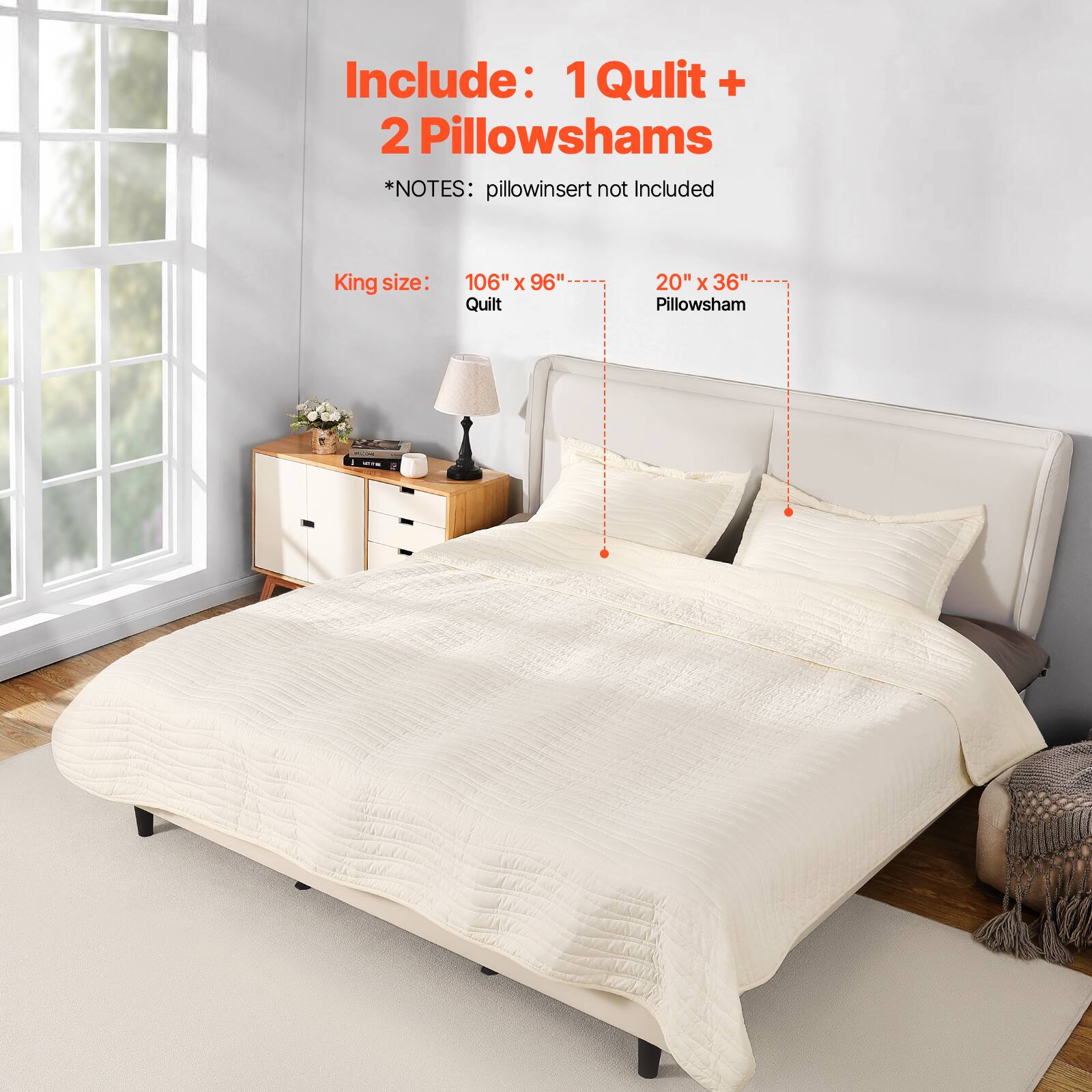 Include: 1 Quilt + 2 Pillowshams  
*NOTES: pillow insert not included  

King size:  
Quilt: 106" x 96"  
Pillowsham: 20" x 36"