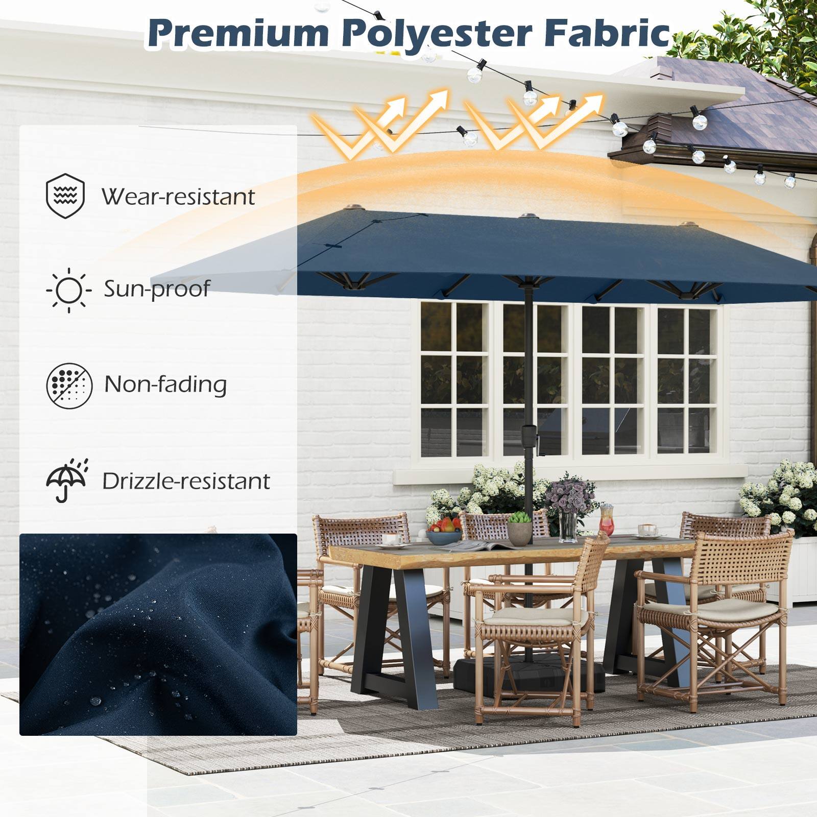 Premium Polyester Fabric
Wear-resistant
Sun-proof
Non-fading
Drizzle-resistant