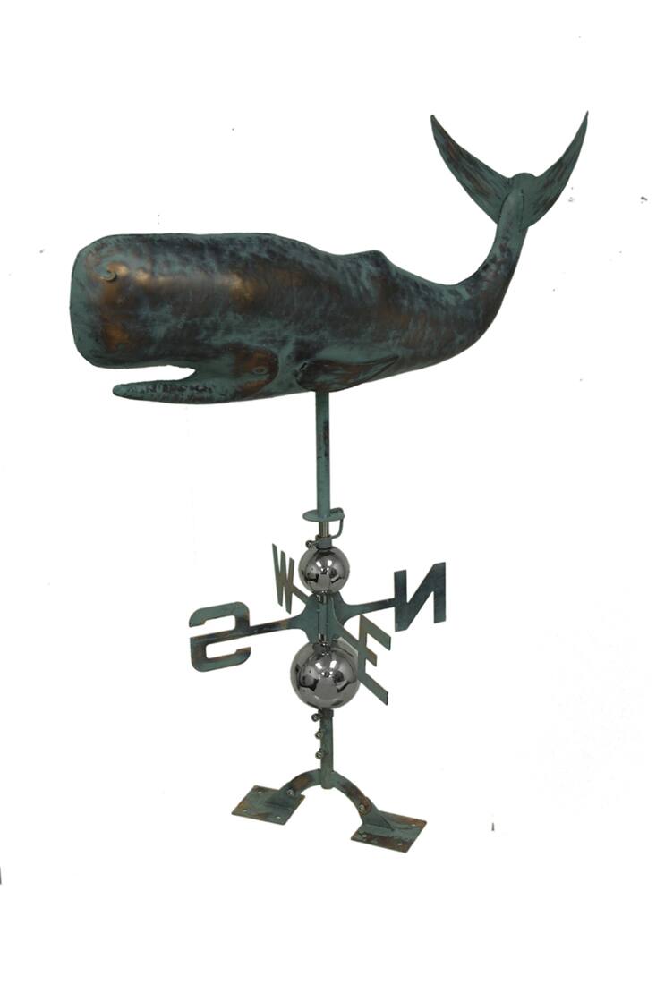 Alt View 1. Zeckos - Verdigris Finish Metal Whale Weather Vane w/Roof Mount - Dark Green.