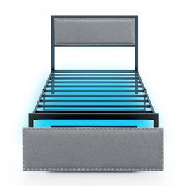 LUCKY ONE - Twin Assembled Platform Bed Frame with LED Lights Rolling Drawer Metal Slats - Grey-Twin