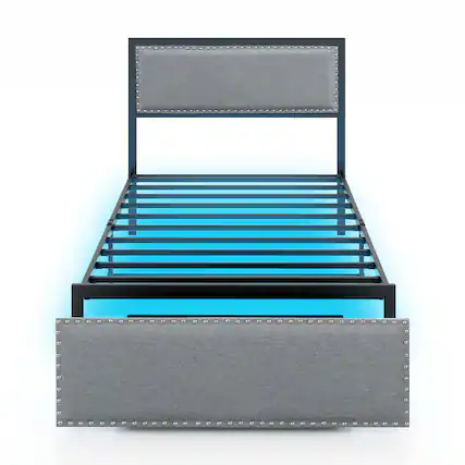 Front. LUCKY ONE - Twin Size Metal Slats Bed Frame with LED Lights and Rolling Drawer - Gray.