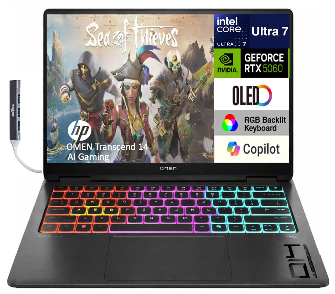 HP - OMEN Transcend 14 Laptop 14.0 2.8K Display (Intel Ultra 7-255H, 32GB LPDDR5X, Win 11 Pro) w/USB Hub - Shadow Black