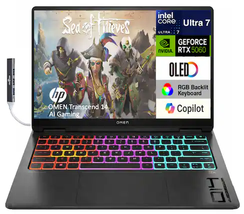 HP OMEN Transcend 14 AI Gaming
Intel Core Ultra 7
NVIDIA GeForce RTX 5060
OLED
RGB Backlit Keyboard
Copilot