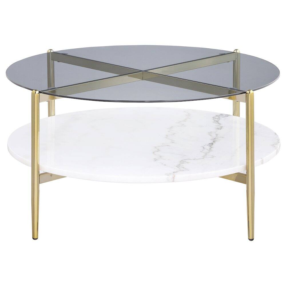 Alt View 2. Coaster Co. of America - Jonelle Round Glass Top Coffee Table White Marble Shelf Gold - Gray.