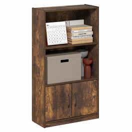 Furinno - GRUEN Book Shelf, 3-Tier Bookshelf, Bookcase with Open Shelf and Doors Storage Cabinet, 9.3 x 21.8 x 39.5 - Amber Pine