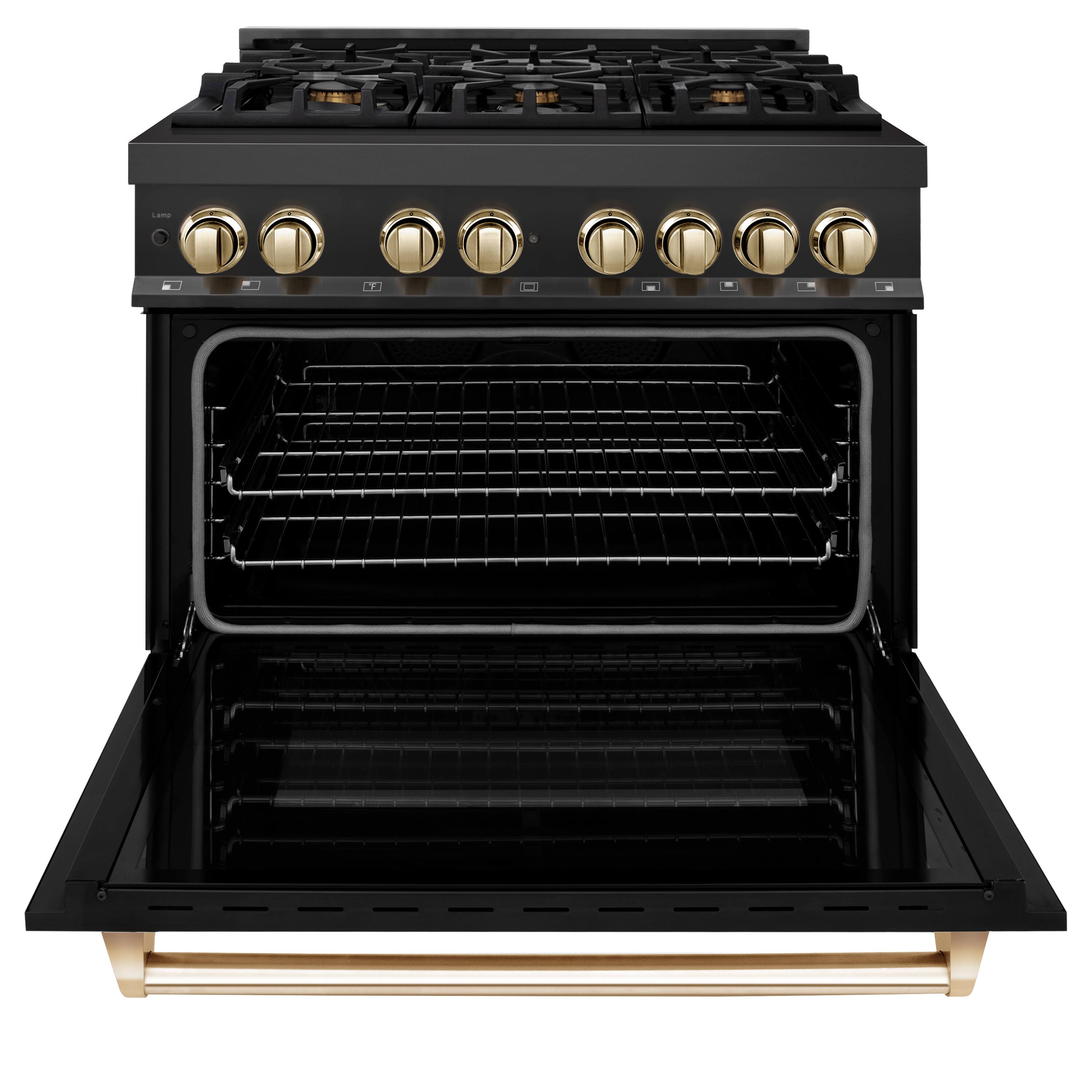Angle. ZLINE - Autograph Edition 36 in. 4.6 cu. ft. Freestanding Legacy Dual Fuel Range in Black Stainless Steel and Gold Accents - Black.