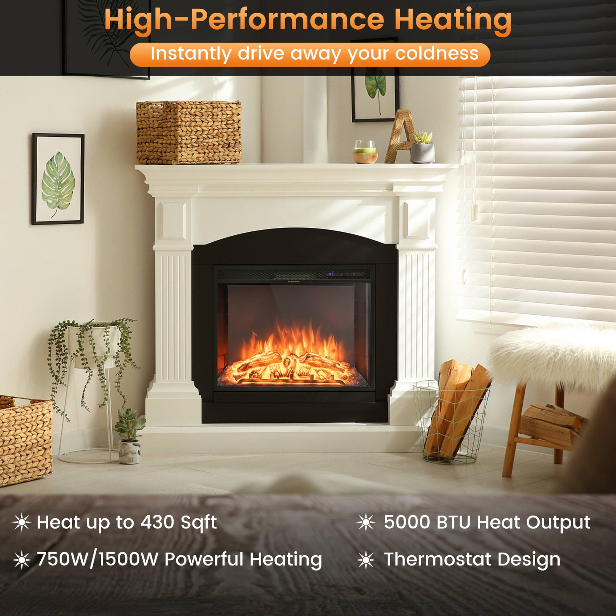 High-Performance Heating  
Instantly drive away your coldness  

Heat up to 430 Sqft  
750W/1500W Powerful Heating  
5000 BTU Heat Output  
Thermostat Design