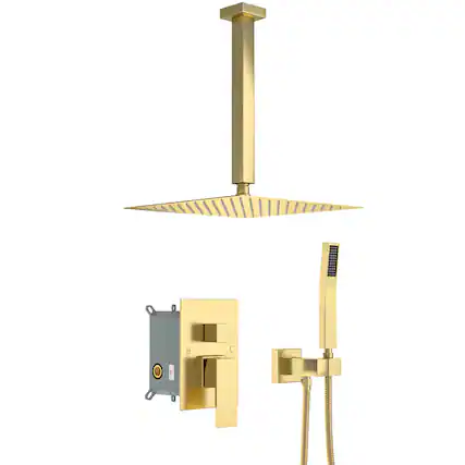 Front. Lordear - Dual Shower Head - 10 Inch Ceiling Mount Square Shower System with Rough-in Valve,Gold - Gold.