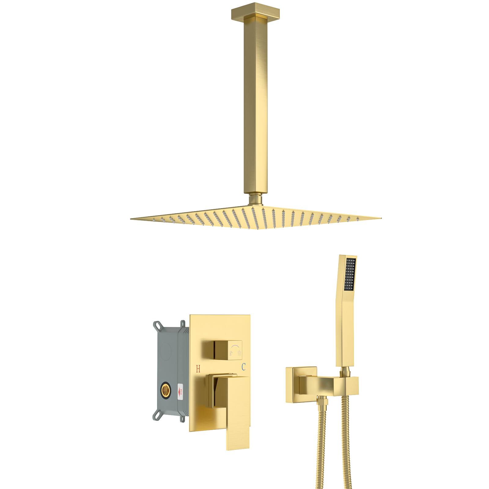 Front. Lordear - Dual Shower Head - 10 Inch Ceiling Mount Square Shower System with Rough-in Valve,Gold - Gold.
