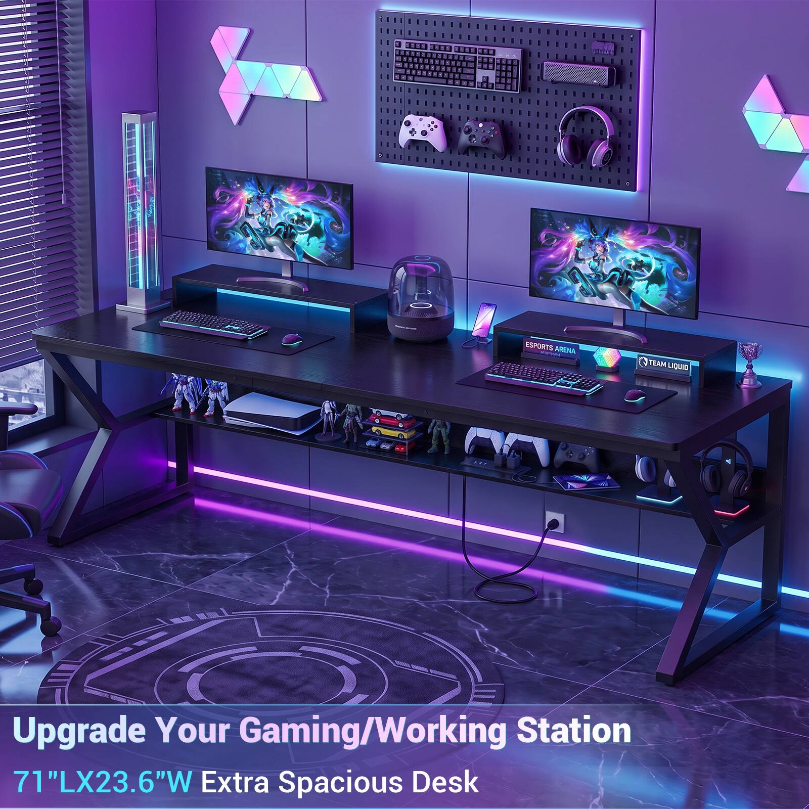 Gaming workstation setup with a black desk and neon lighting.