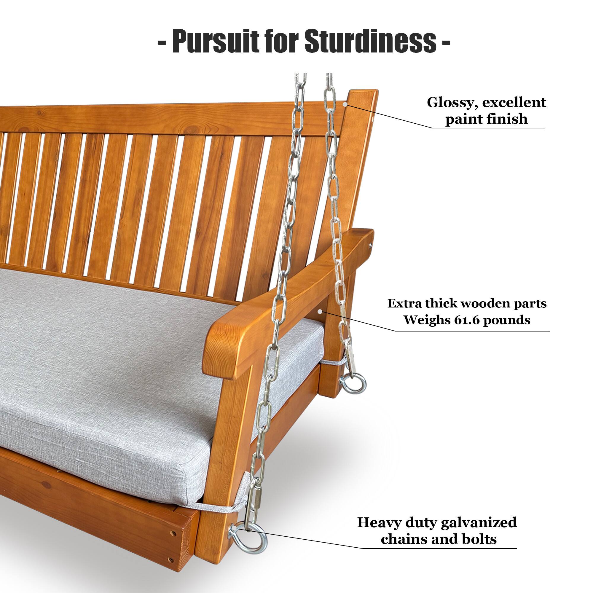 - Pursuit for Sturdiness -

- Glossy, excellent paint finish
- Extra thick wooden parts
- Weighs 61.6 pounds
- Heavy duty galvanized chains and bolts