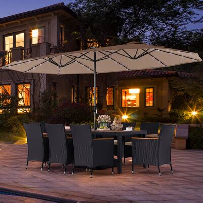 11 double layer patio umbrella Pieces Dining Set 15ft Double-Sided Patio (Base Included) and Outdoor Rattan Furniture Set with 8 Stackable Chairs-Turquoise Ideal for summer get 11 PCS Patio Dining Set