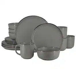 Elama - Leo 16 Piece Stoneware Dinnerware Set In - Dark Gray
