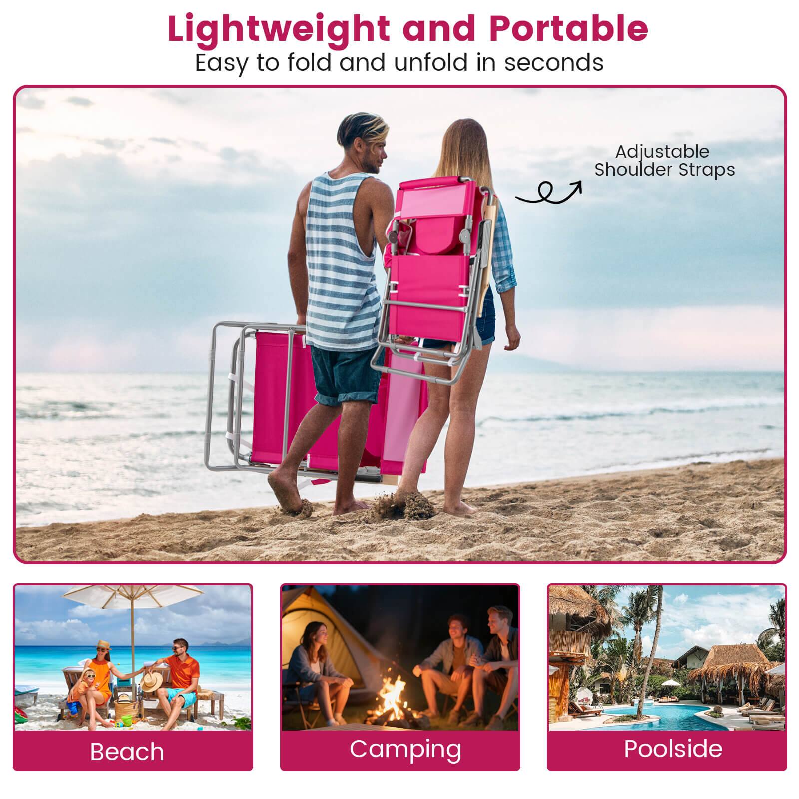 Lightweight and Portable  
Easy to fold and unfold in seconds  
Adjustable Shoulder Straps  

Beach  
Camping  
Poolside