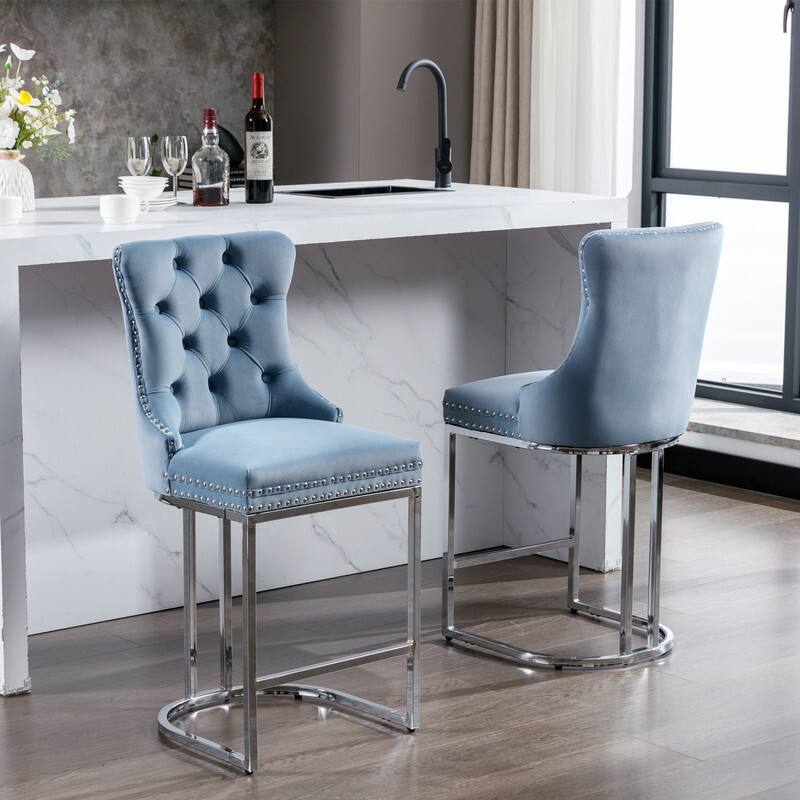Alt View 1. HTUTWOO - 25" Counter Height Bar Stools Set of 2, Velvet Upholstered with Button Back & Rivet Trim, for Kitchen Island & Home Bar - Light Blue.